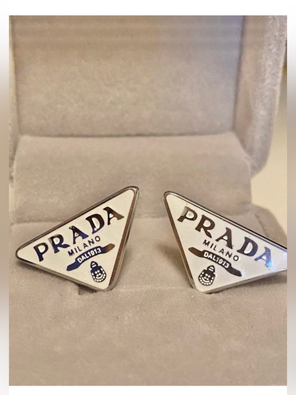 Prada White and 925 Sterling Silver Triangle Logo earrings